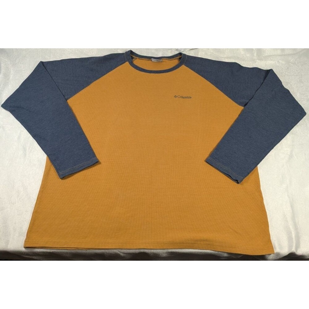 Columbia Sportswear XXL Thermal Waffle Knit Shirt Mustard Blue Raglan Long Sleev